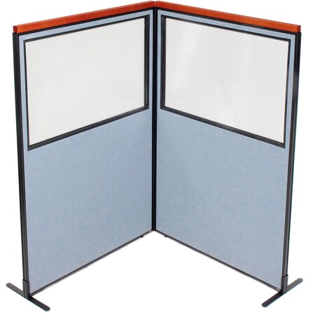 Interion By Global Industrial Interion Deluxe Freestanding 2-Panel Corner Divider w/Partial Window 48-1/4inW x 73-1/2inH Blue 695018BL